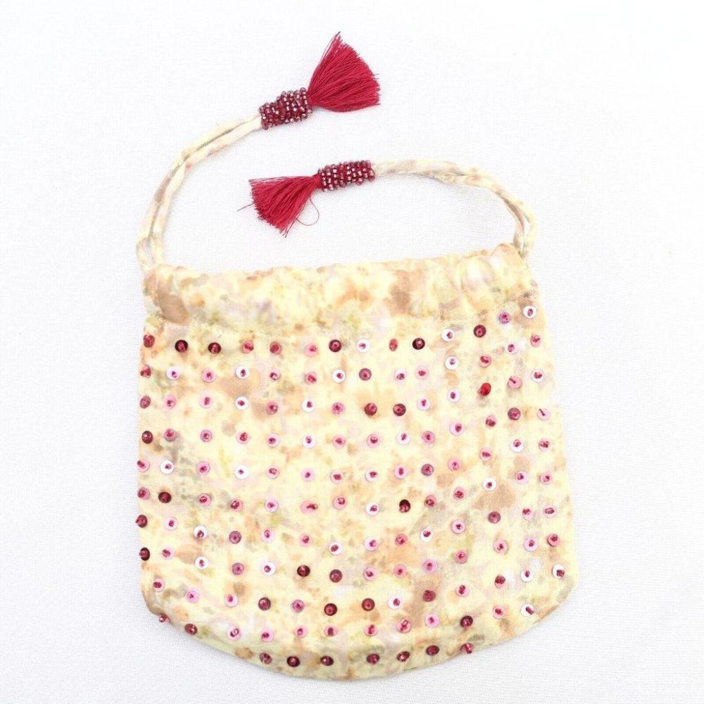White Chocolate Makeup Mini Pouch Storage Bag Drawstring Sequin Cotton Beaded
